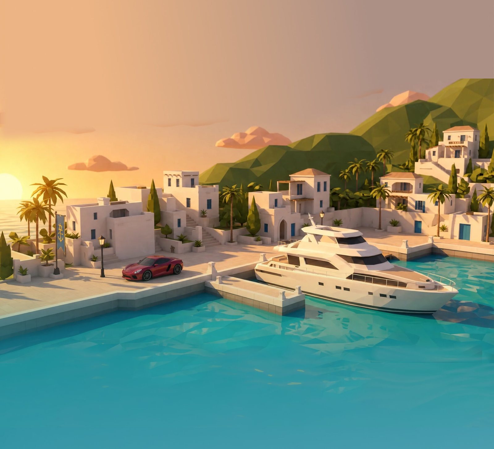 Porto Riviera harbor at sunset